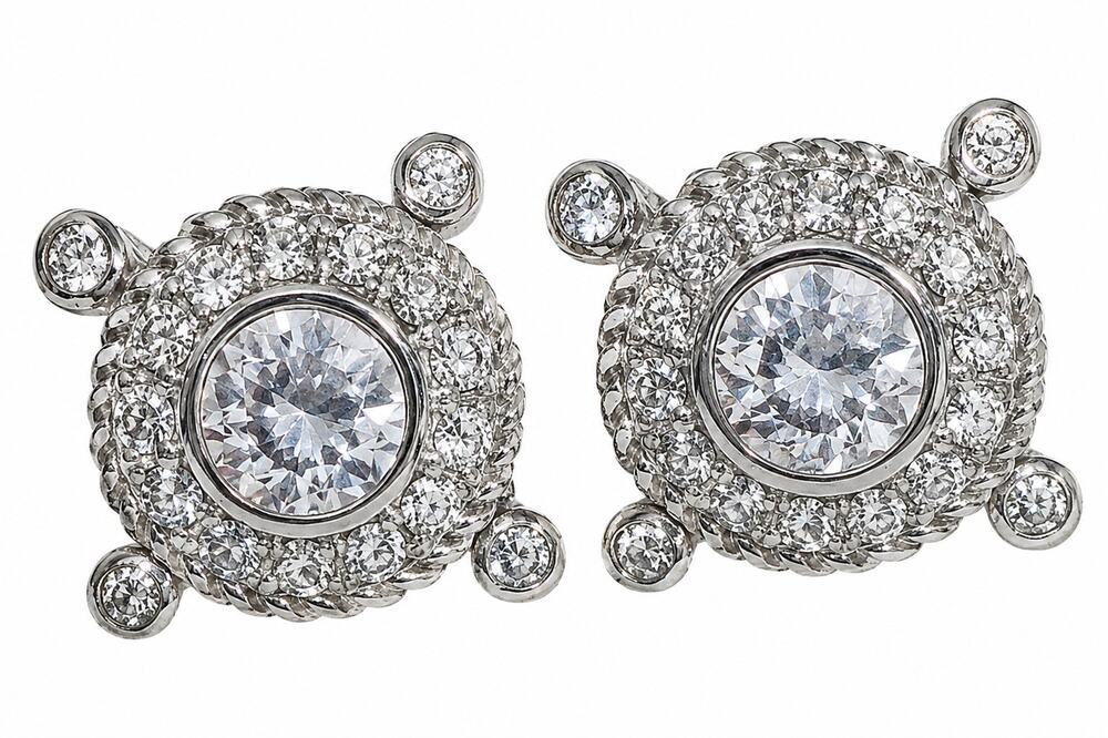 Judith Ripka 925 Sterling Silver CZ Halo Clip On Earrings Cable Design